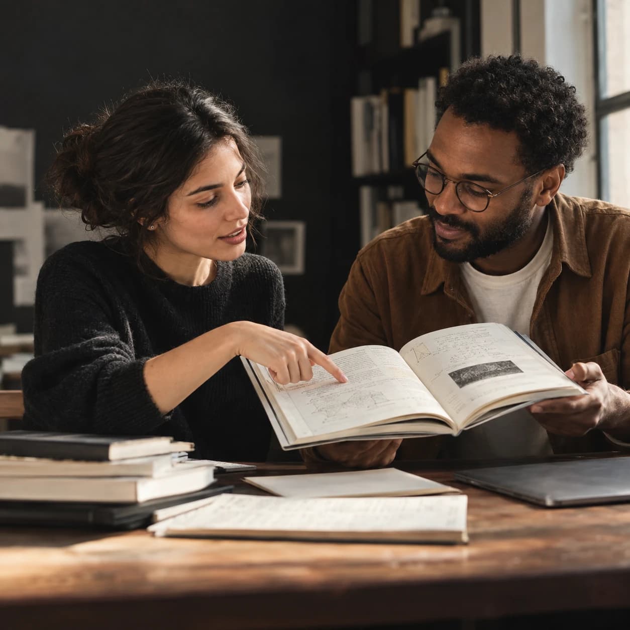 Two people sharing an open book at a creative table